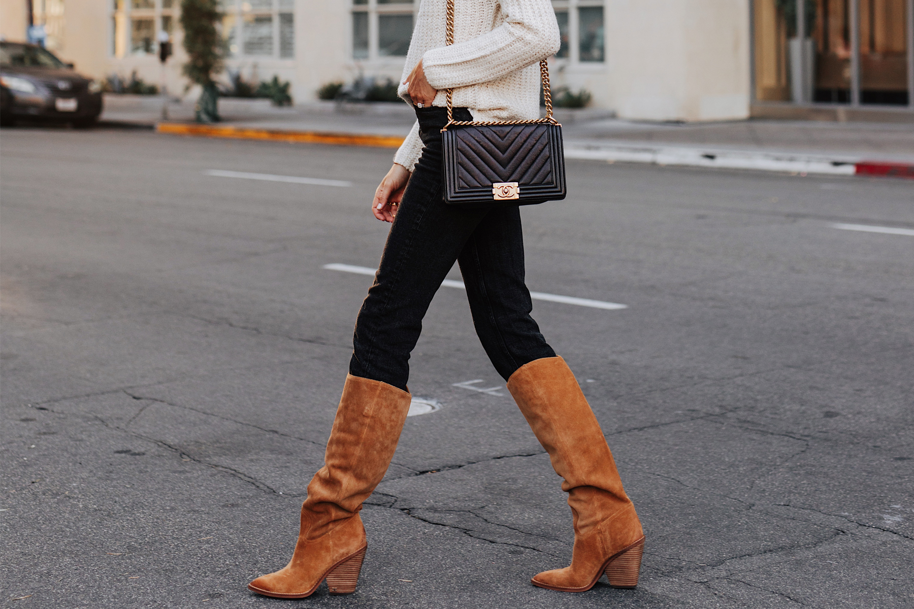 Fashion Jackson Wearing White Sweater Black Jeans Sam Edelman Tan Suede Knee High Boots Chanel Black Boy Bag