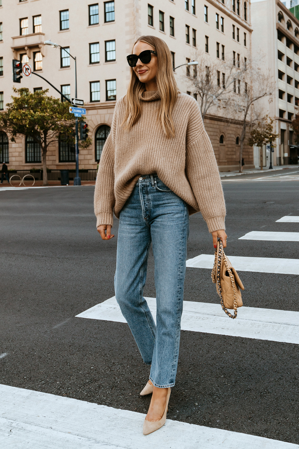 Fashion Jackson Wearing Anine Bing Sydney Sweater in Camel Turtleneck Sweater AGOLDE 90s Jeans Nude Pumps Chanel 19 Beige Handbag Street Style