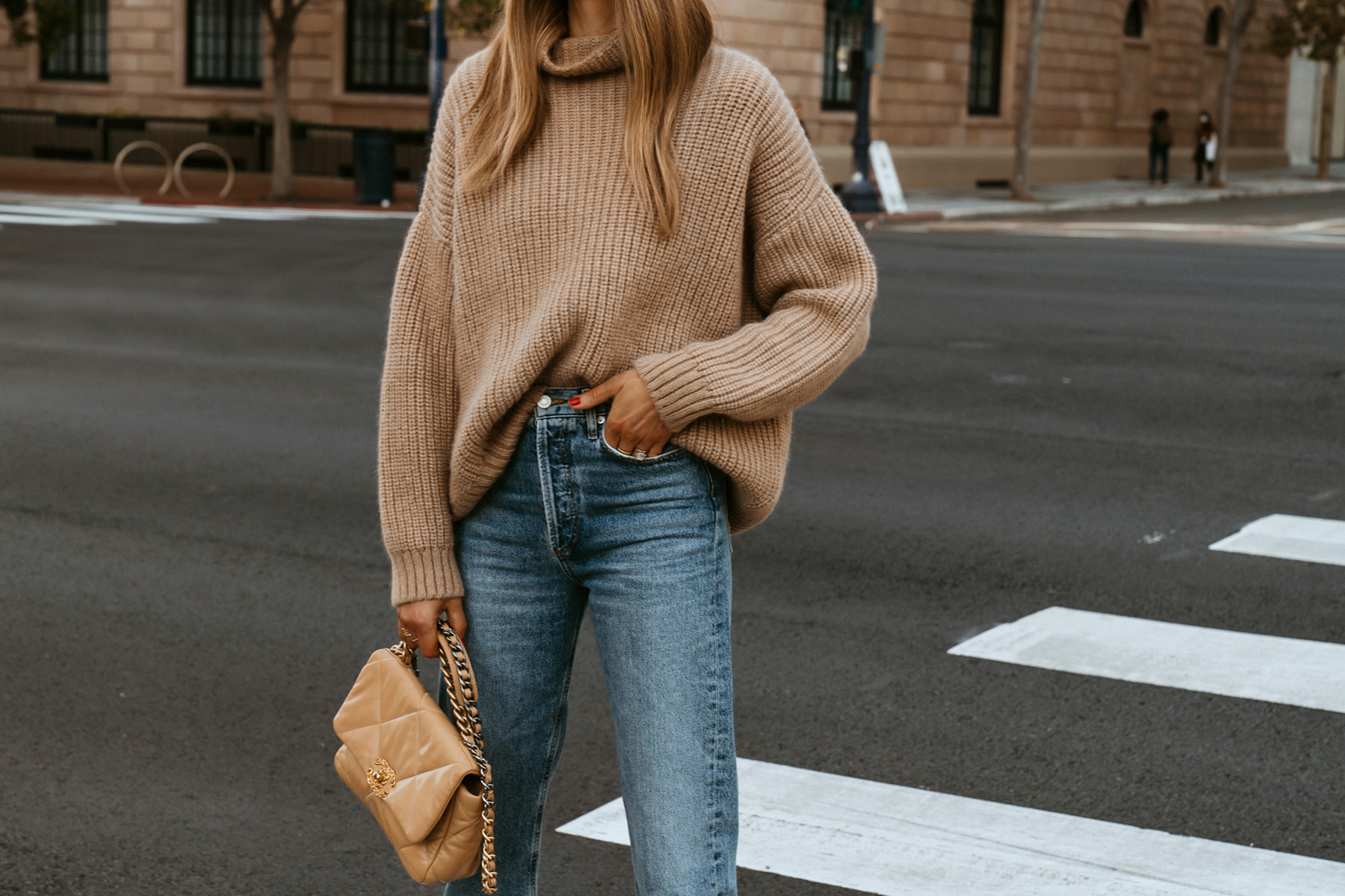 Fashion Jackson Wearing Anine Bing Sydney Sweater in Camel Turtleneck Sweater