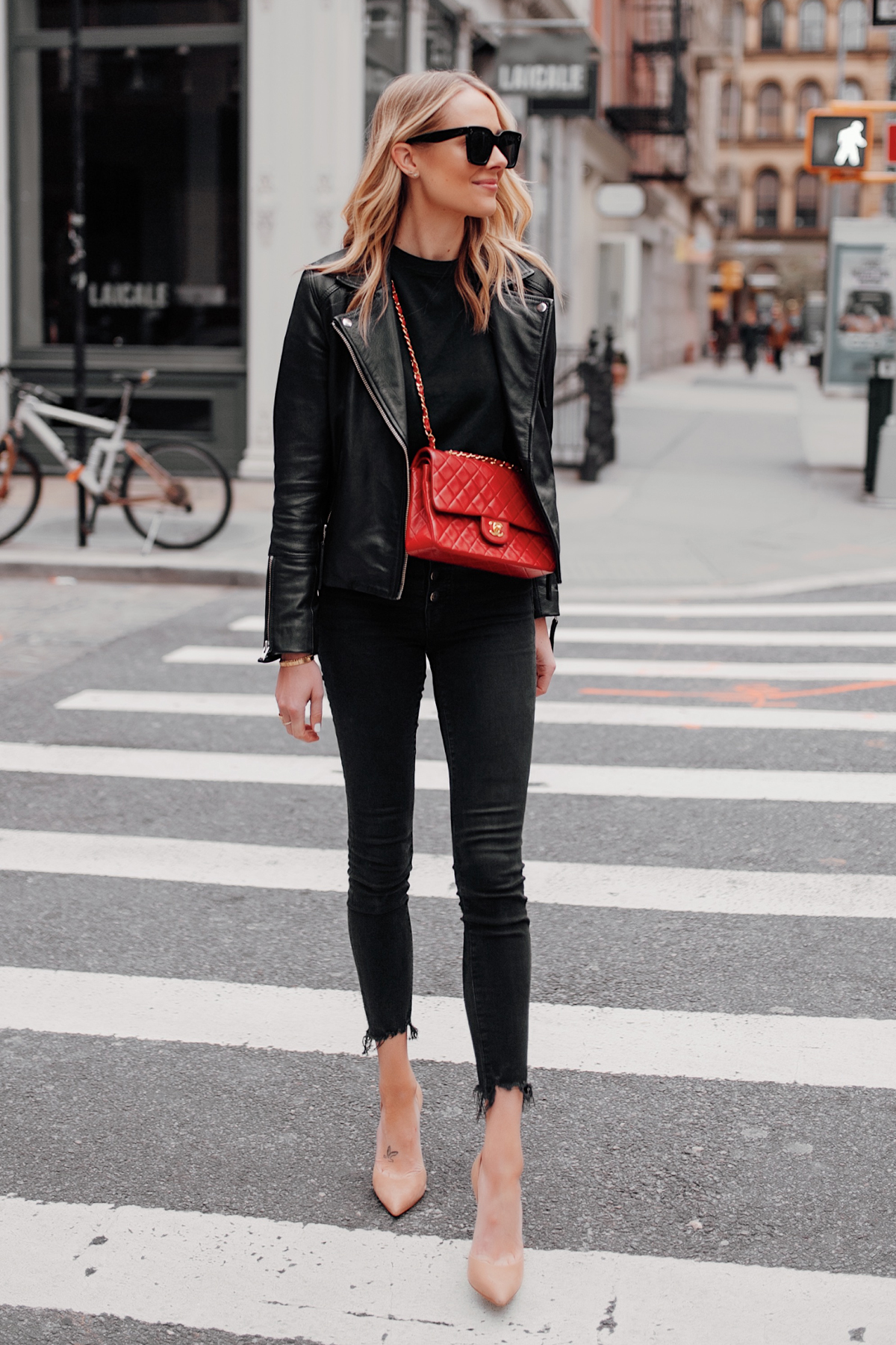 Fashion Jackson Wearing Black Leather Jacket Black Skinny Jeans Red Chanel Handbag Nude Pumps NYC Street Style 2