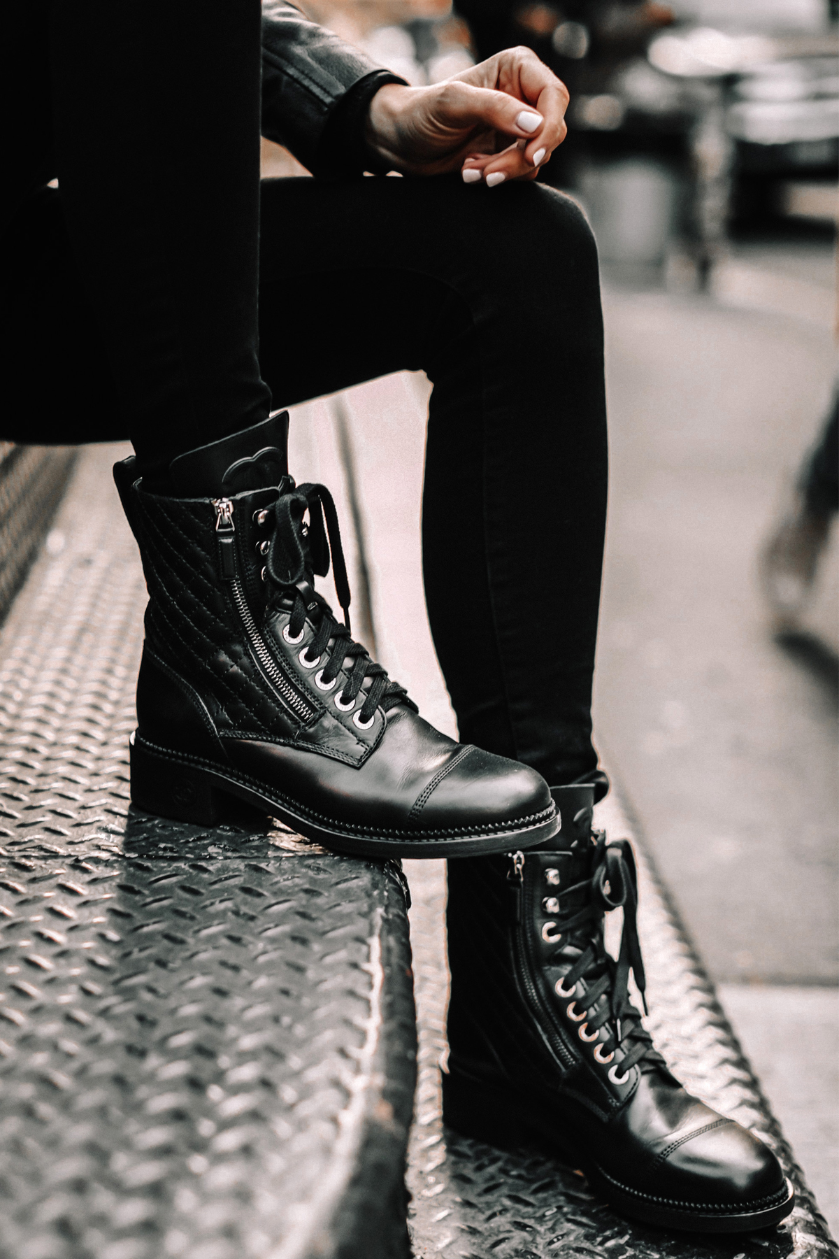 Fashion Jackson Wearing Chanel Quilted Black Combat Boots