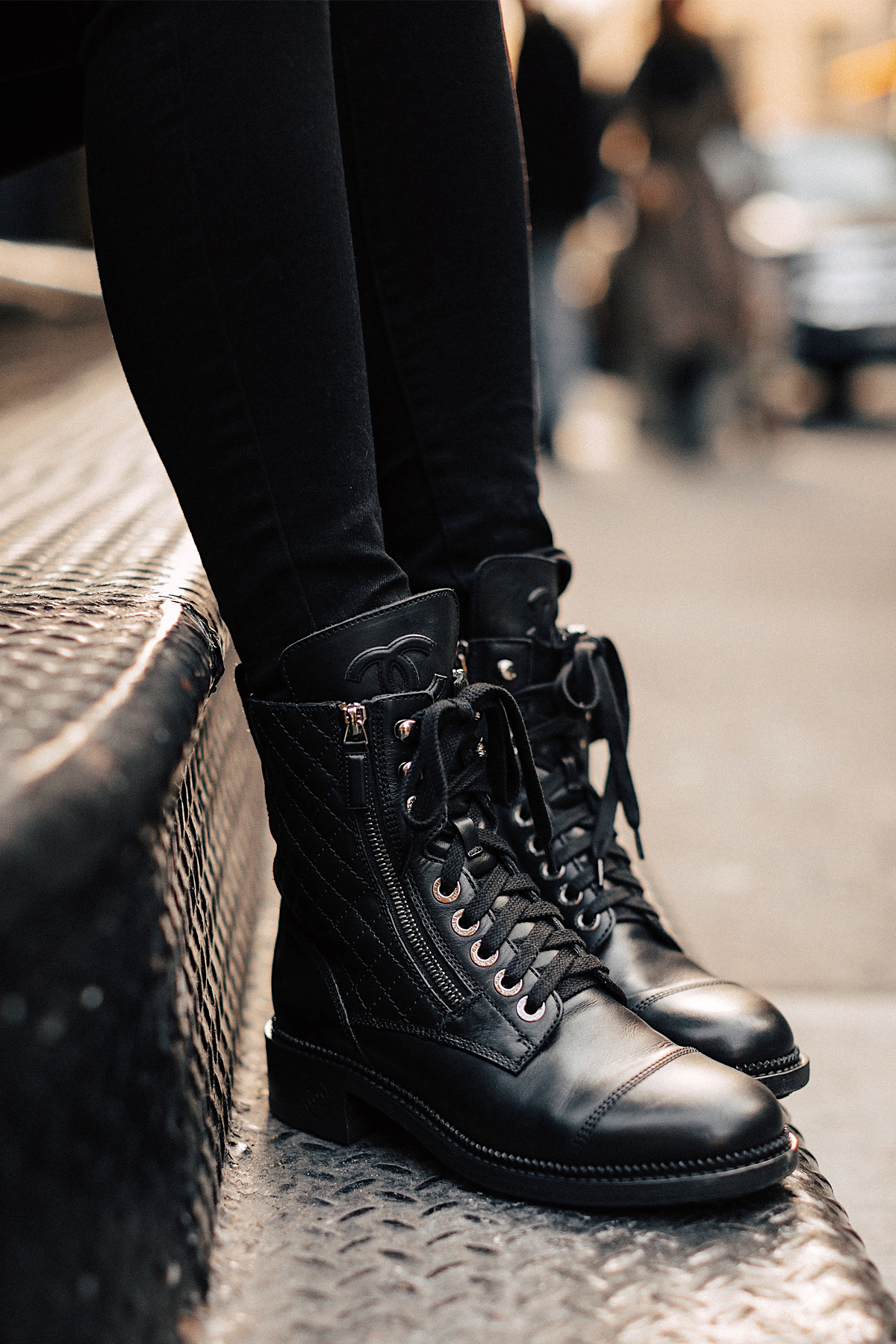 chanel black leather combat boots