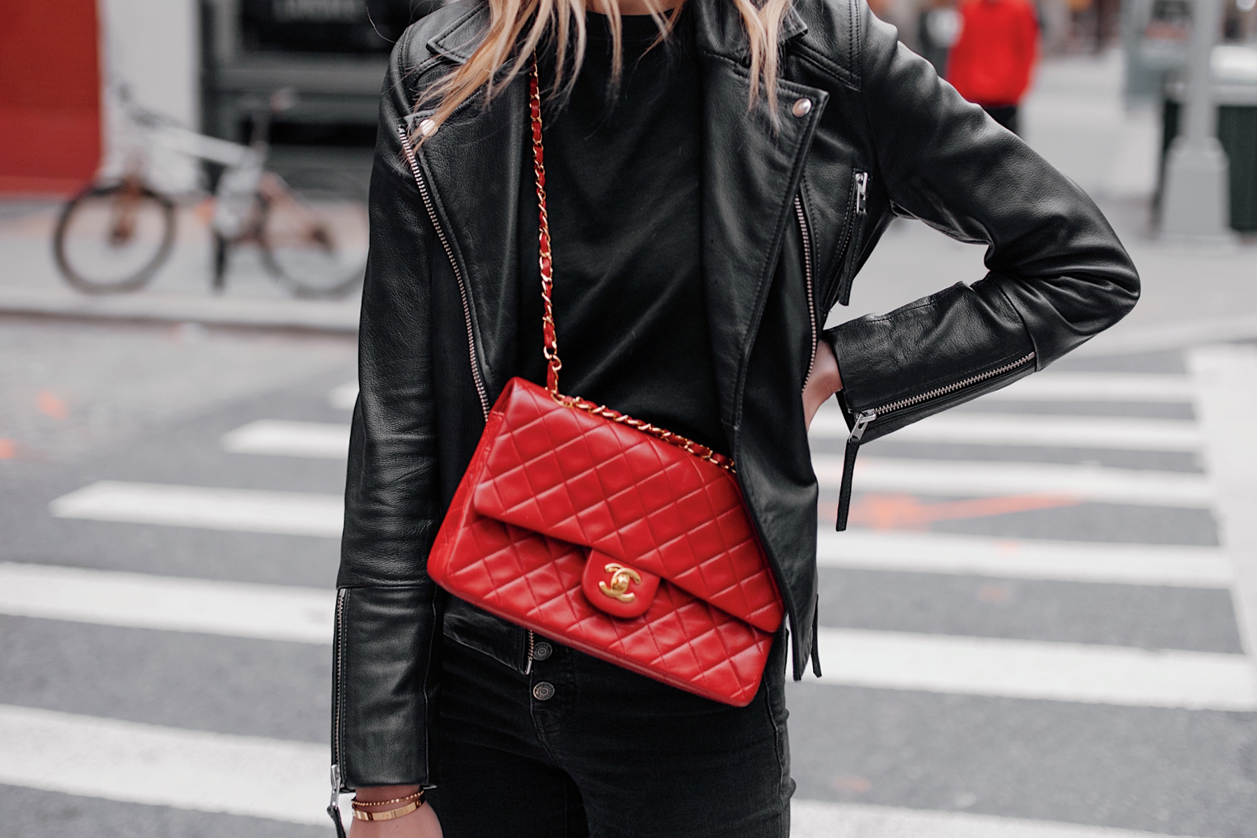 Fashion Jackson Wearing Club Monaco Black Leather Jacket Black Jeans Red Chanel Handbag 2