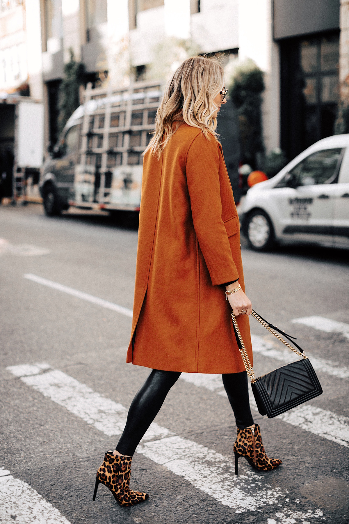 Fashion Jackson Wearing Everlane Dark Camel Wool Coat Faux Leather Leggings Leopard Booties New York Street Style 1