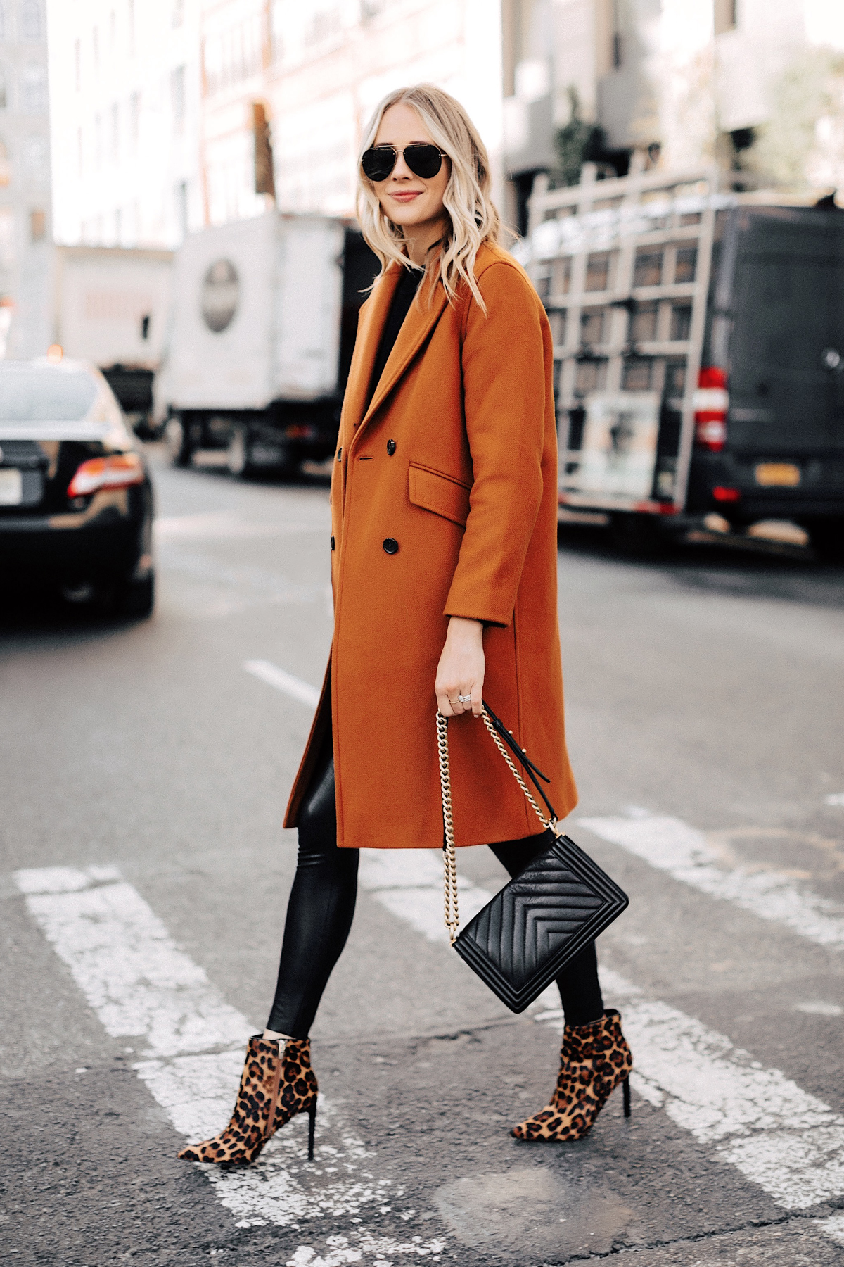 Fashion Jackson Wearing Everlane Dark Camel Wool Coat Faux Leather Leggings Leopard Booties New York Street Style 2