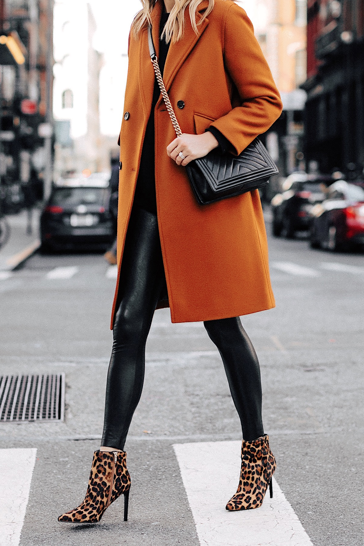 Fashion Jackson Wearing Everlane Dark Camel Wool Coat Faux Leather Leggings Leopard Booties New York Street Style 3