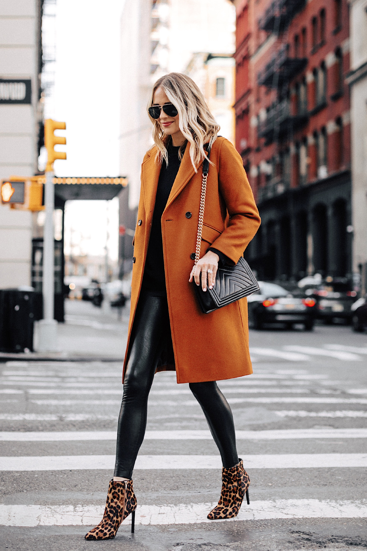Fashion Jackson Wearing Everlane Dark Camel Wool Coat Faux Leather Leggings Leopard Booties New York Street Style 4