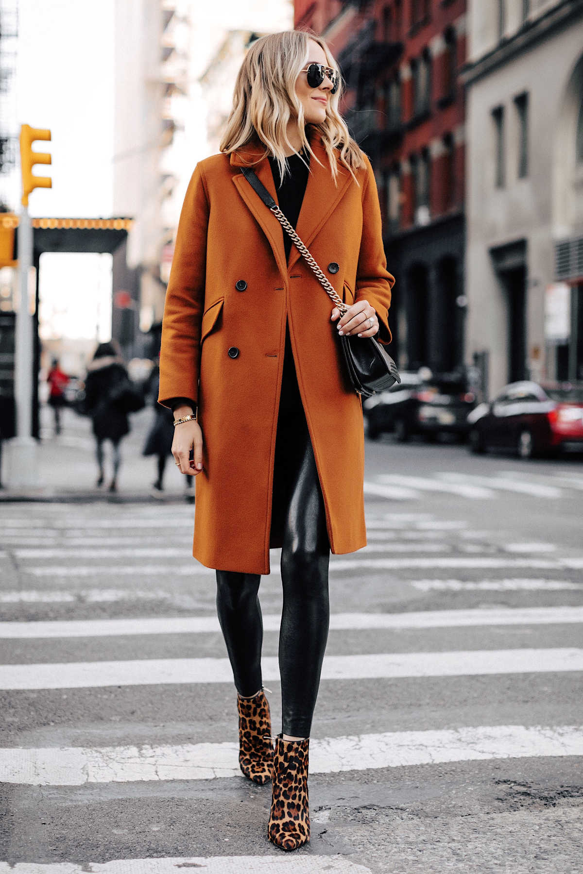 Fashion Jackson Wearing Everlane Dark Camel Wool Coat Faux Leather Leggings Leopard Booties New York Street Style