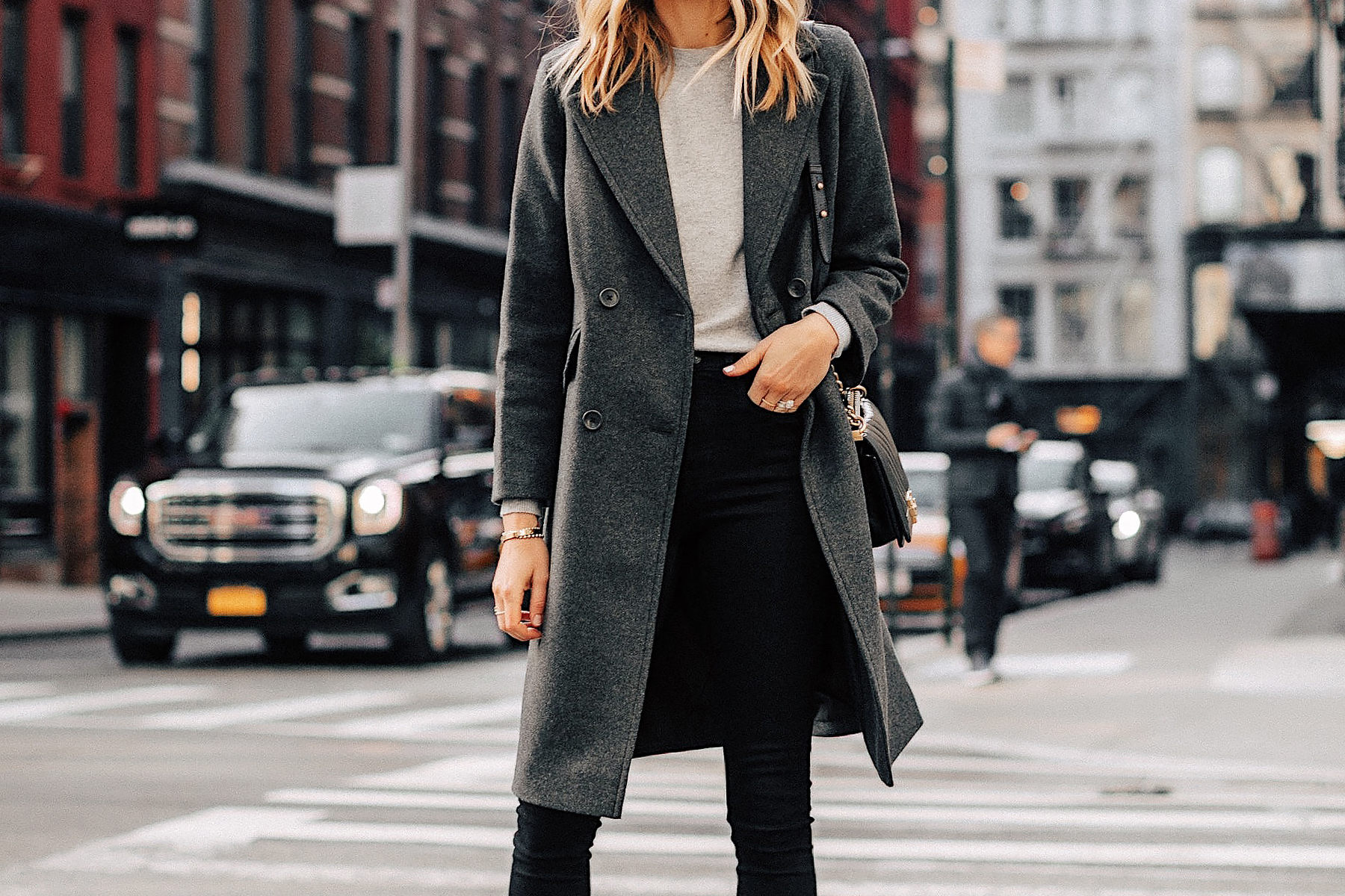 Fashion Jackson Wearing Grey Everlane Wool Overcoat Grey Sweater Black Skinny Jeans