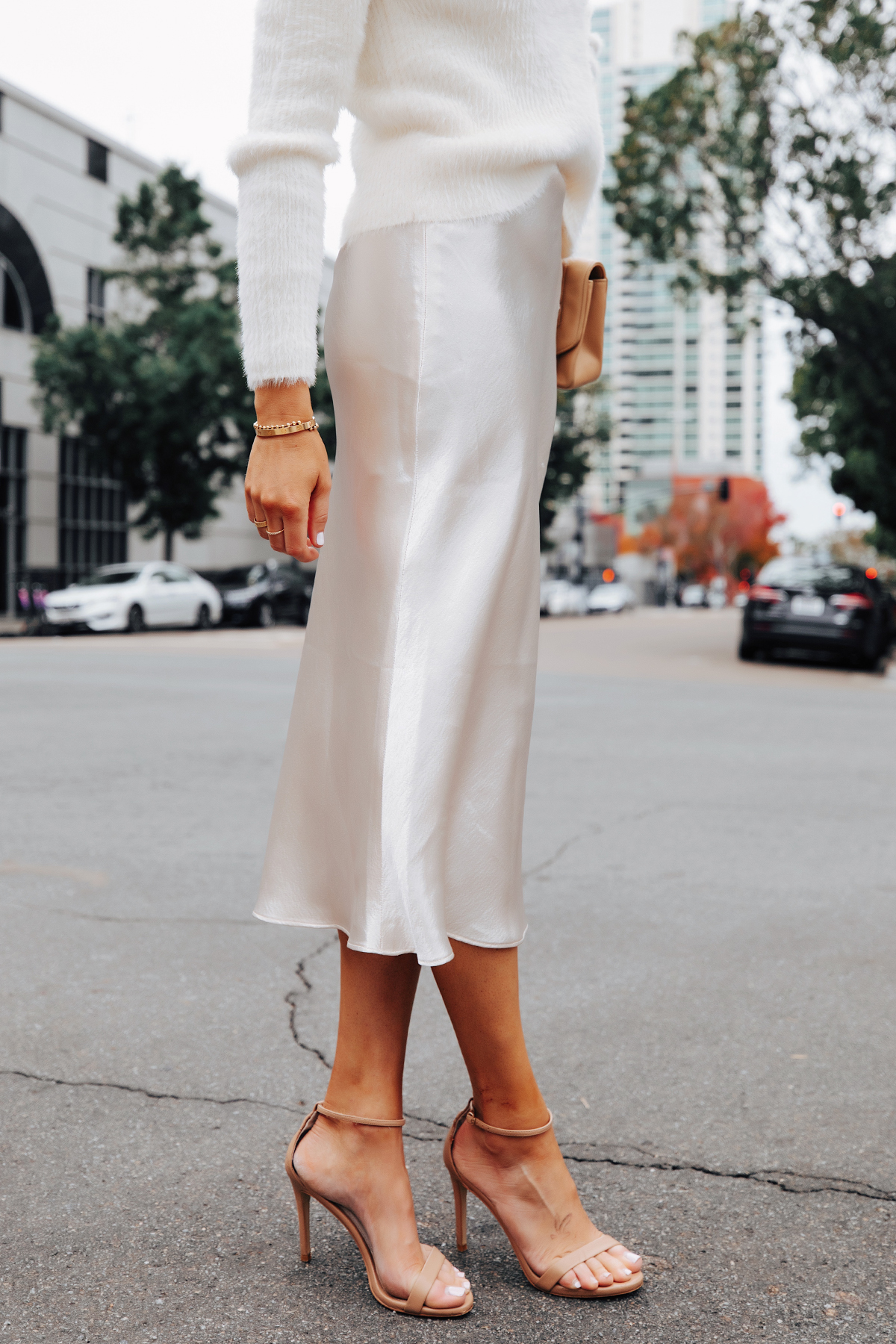 Fashion Jackson Wearing Banana Republic White Slip Midi Skirt White Sweater Winter White Party Outfit