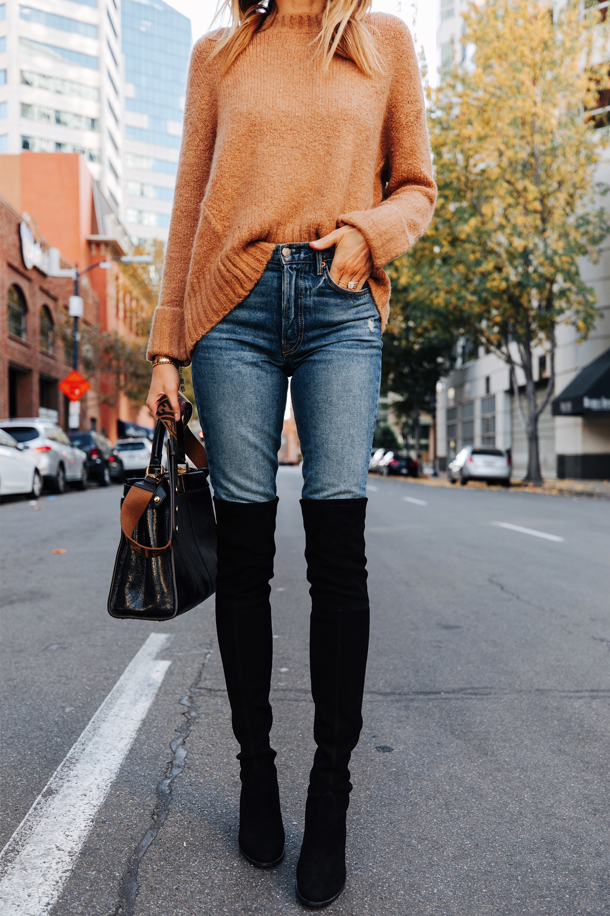 Fashion Jackson Wearing Camel Sweater Stuart Weitzman Black Over the Knee Boots Fendi Peekaboo Black Handbag 3