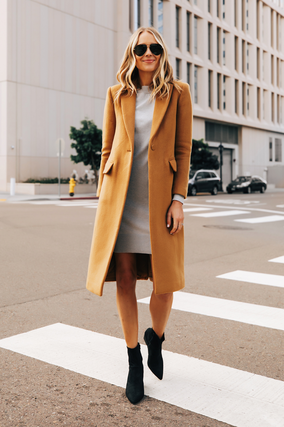 Fashion Jackson Wearing Club Monaco Camel Coat Grey Sweater Dress Black Booties