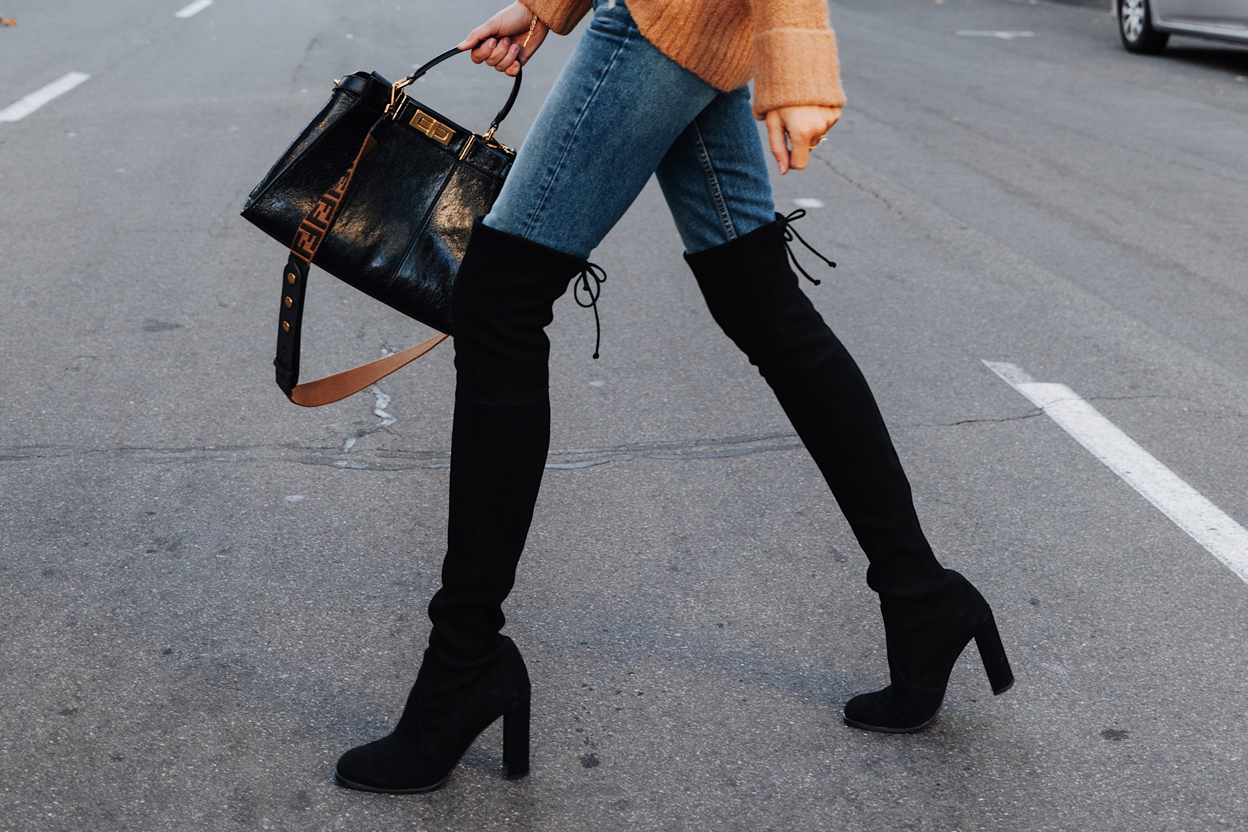 Fashion Jackson Wearing Stuart Weitzman Tieland Black Over the Knee Boots Fendi Peekaboo Black Handbag