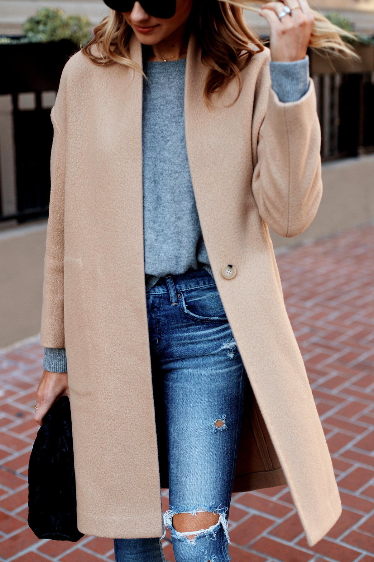 Collarless cheap camel coat