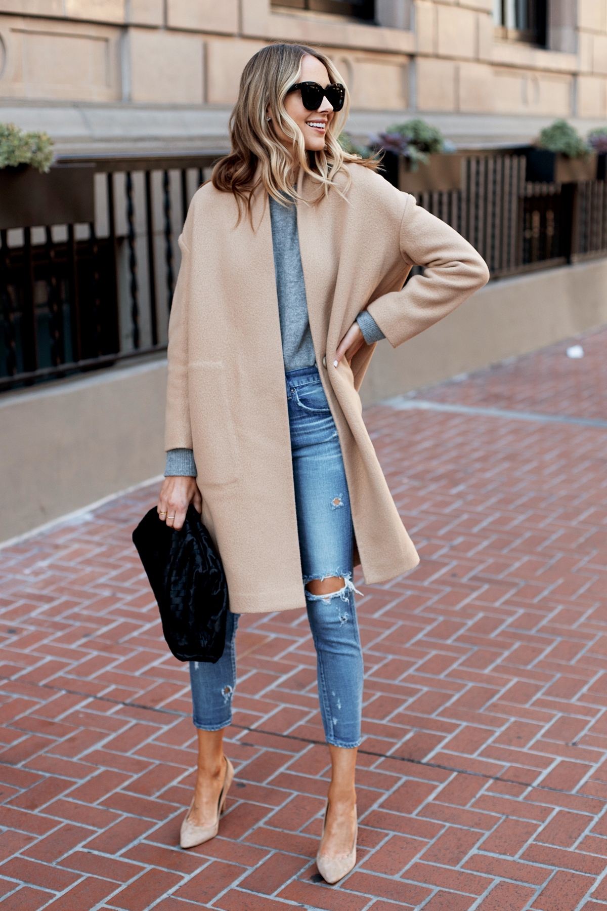 Collarless camel coat best sale