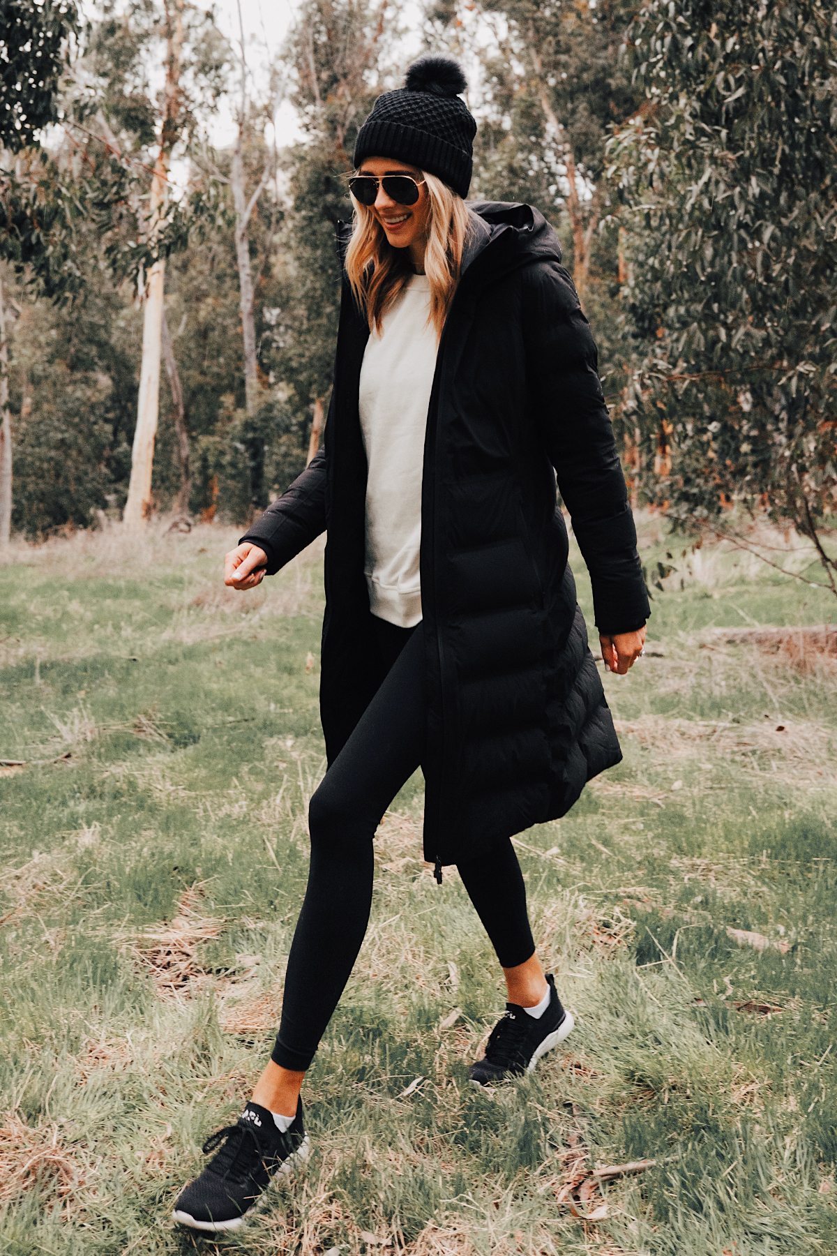 Fashion Jackson Wearing lululemon Black Sleet Street Long Jacket Black Beanie Black Leggings hikes in San Diego 1