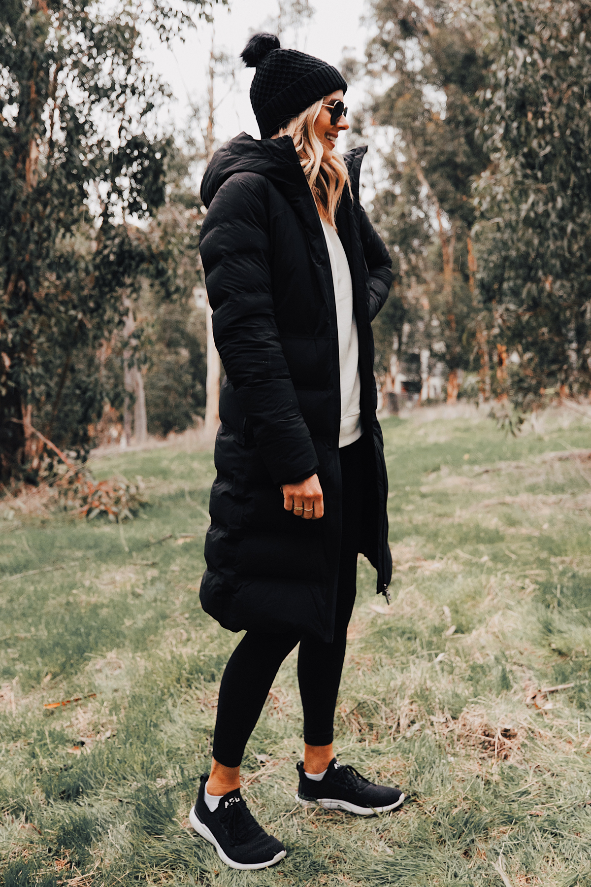 Fashion Jackson Wearing lululemon Black Sleet Street Long Jacket Black Beanie Black Leggings hikes in San Diego 3