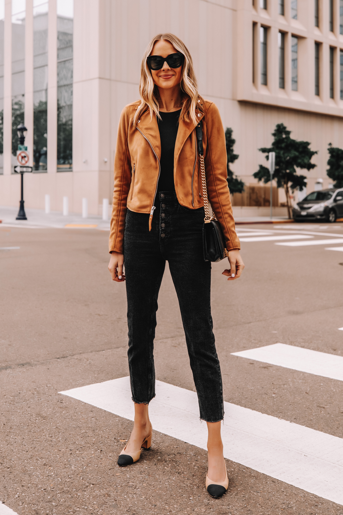 Fashion Jackson Wearing Abercrombie Tan Suede Moto Jacket Black Button Front Jeans Chanel Slingback Shoes 1