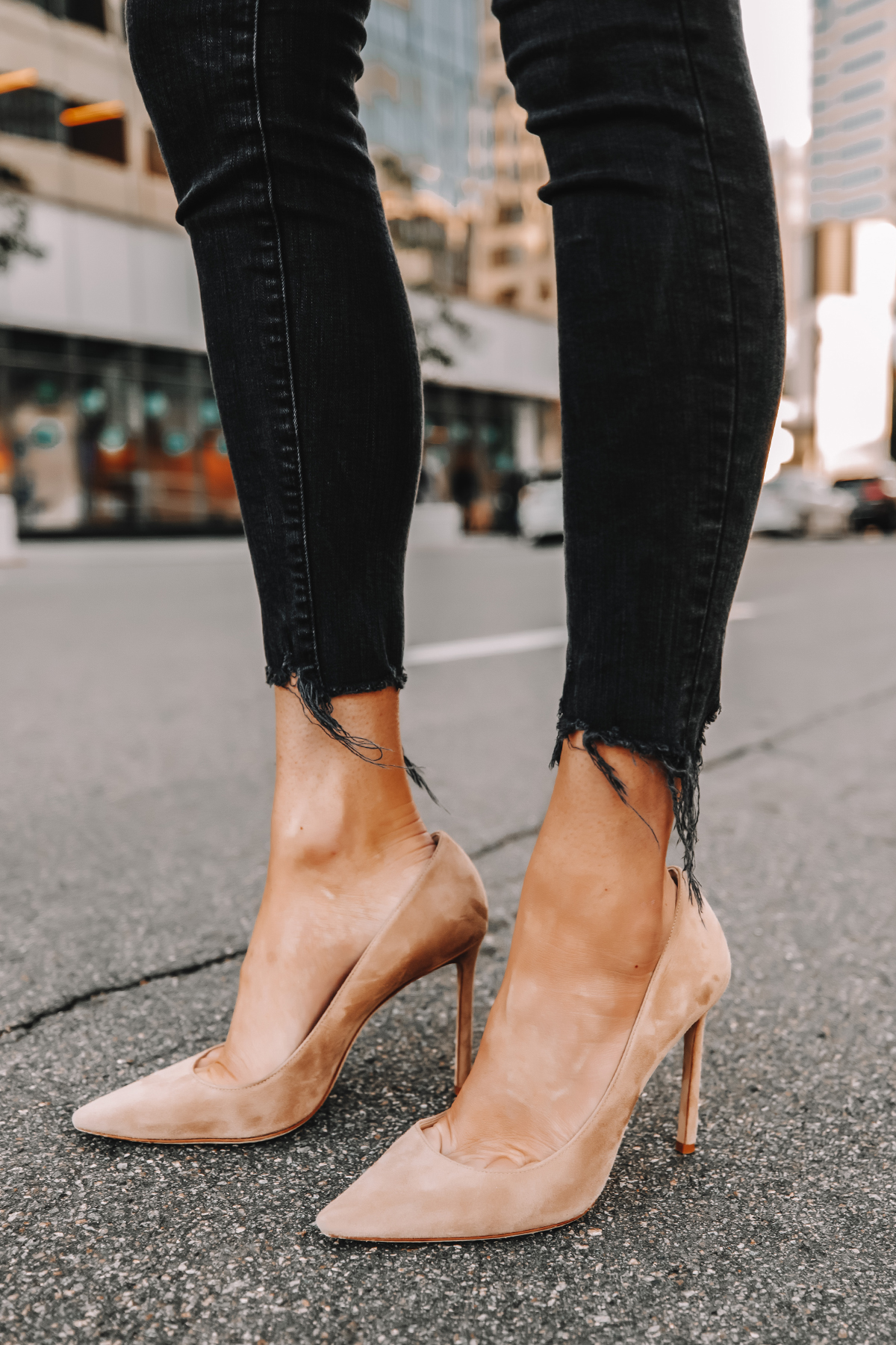 Fashion Jackson Wearing Black Frayed Skinny Jeans Nude Suede Pumps