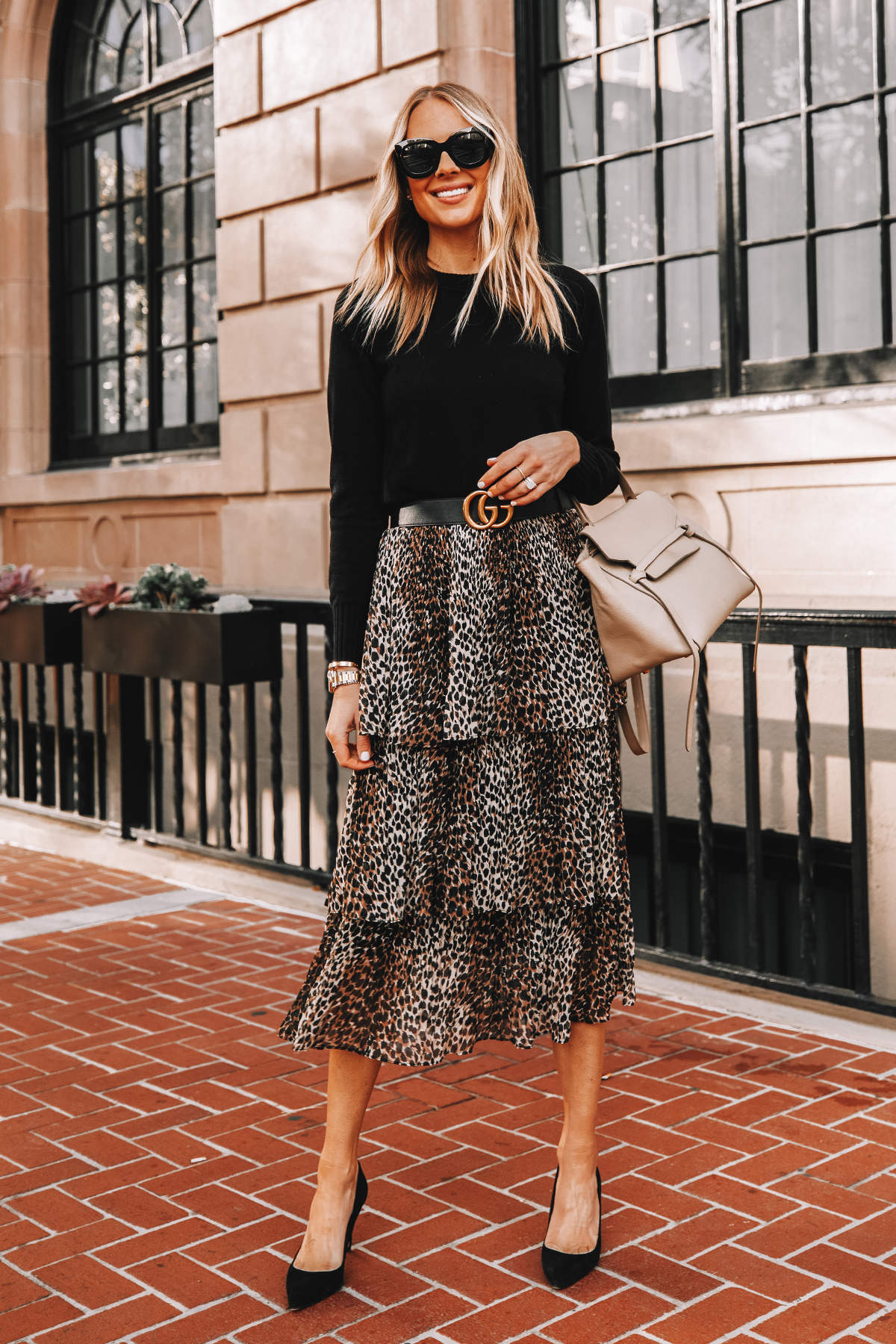 Fashion Jackson Wearing Black Sweater Topshop Leopard Midi Skirt Gucci Belt Black Pumps Workwear Outfit