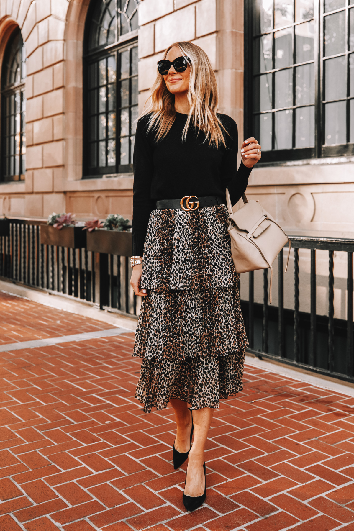 Fashion Jackson Wearing Black Sweater Topshop Leopard Tiered Midi Skirt Gucci Belt Black Pumps Celine Belt Bag Workwear Outfit