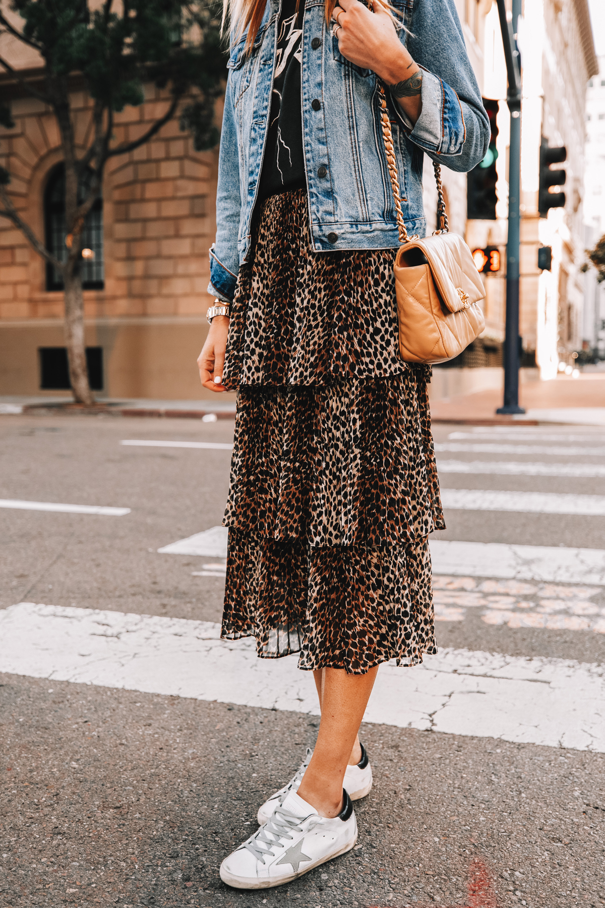 Fashion Jackson Wearing Denim Jacket Graphic Tshirt Topshop Leopard Tiered Midi Skirt Golden Goose Sneakers