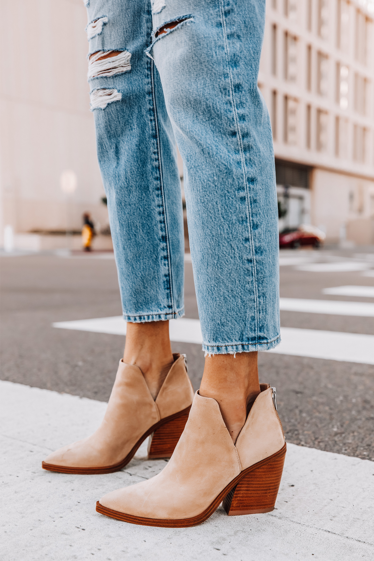 Fashion Jackson Wearing Frame Ripped Mom Jeans Vince Camuto Gigietta Booties in Tortilla