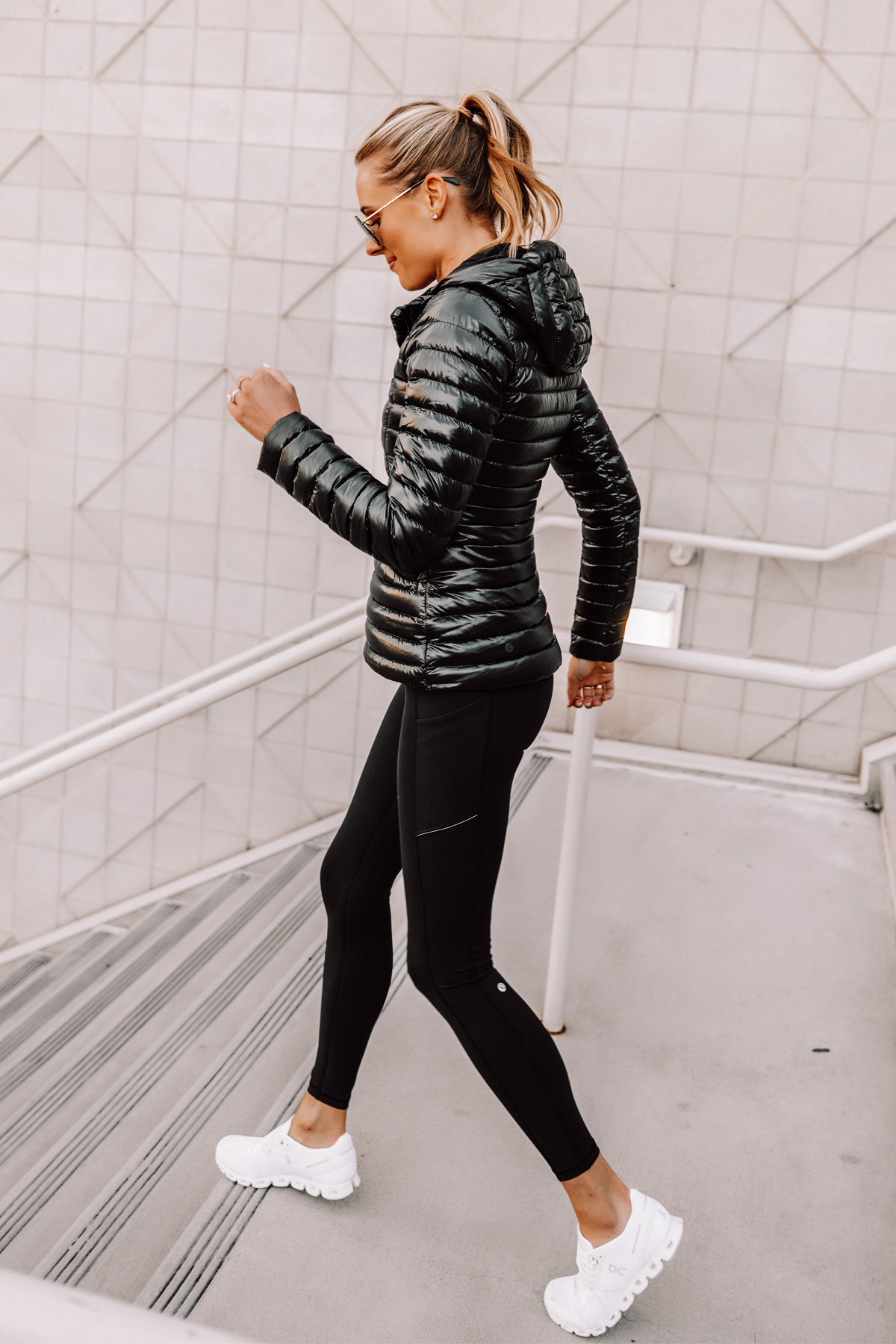 Fashion Jackson Wearing lululemon Pack it Down Shine Jacket in Black  lululemon Speed Up Leggings 4