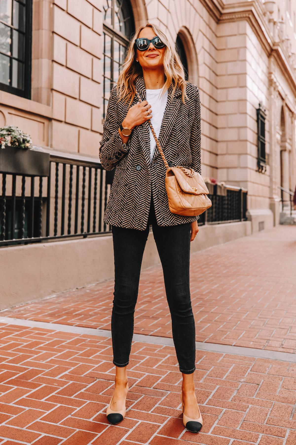 Fashion Jackson Wearing Anine Bing Black Herringbone Blazer White TShirt Black Jeans Chanel Slingbacks Chanel 19 Beige Handbag