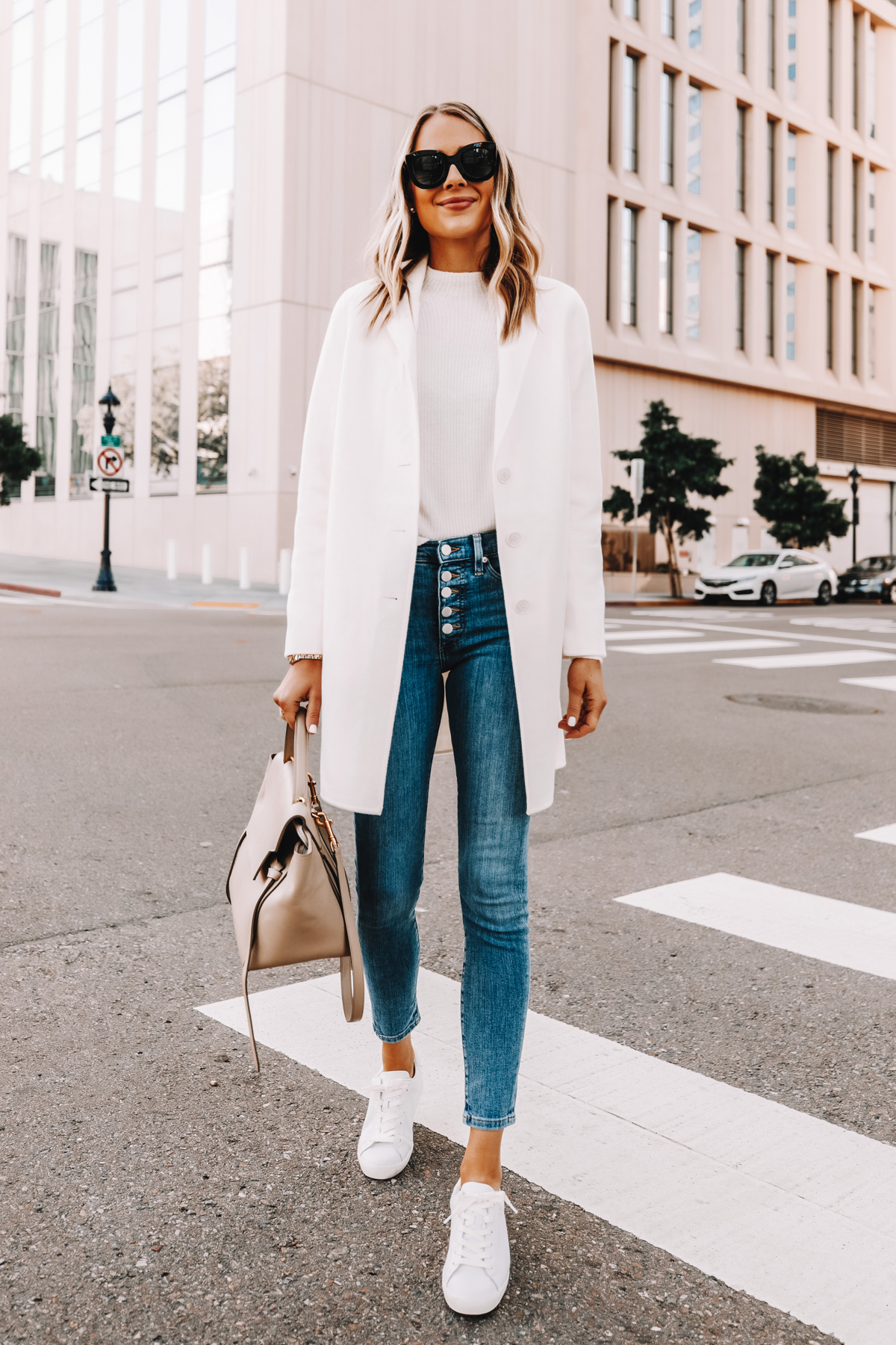 Fashion Jackson Wearing Banana Republic White Topcoat White Sweater Skinny Jeans White Sneakers Casual Outfit