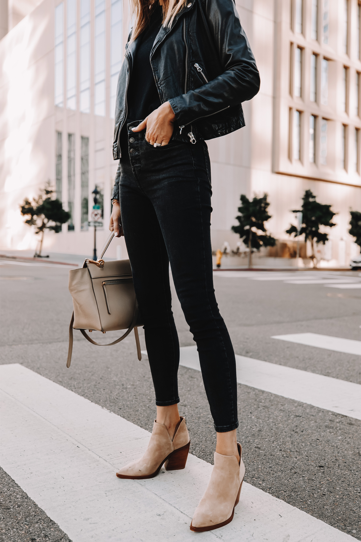 black jeans and black leather jacket