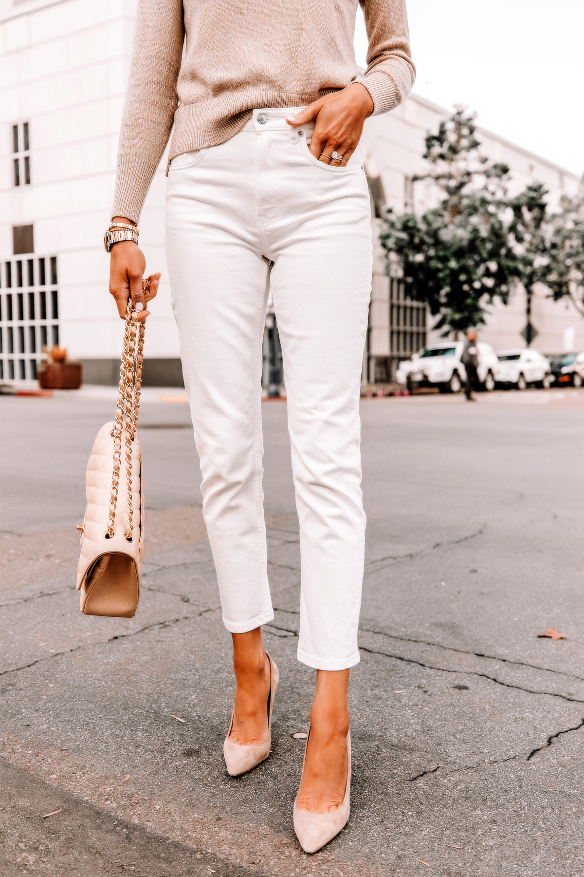 Fashion Jackson Wearing Everlane Beige Sweater Everlane White Cheeky Straight Leg Jeans Nude Heels