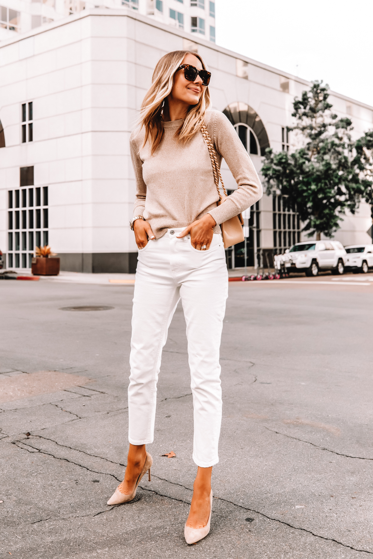 Fashion Jackson Wearing Everlane Beige Sweater White Jeans Nude Pumps Beige Chanel Handbag