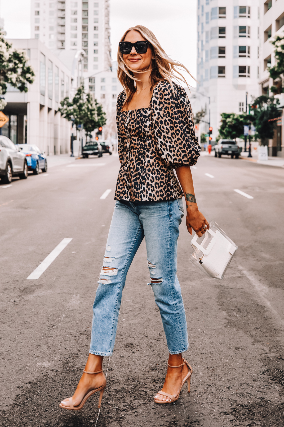 leopard print top and jeans