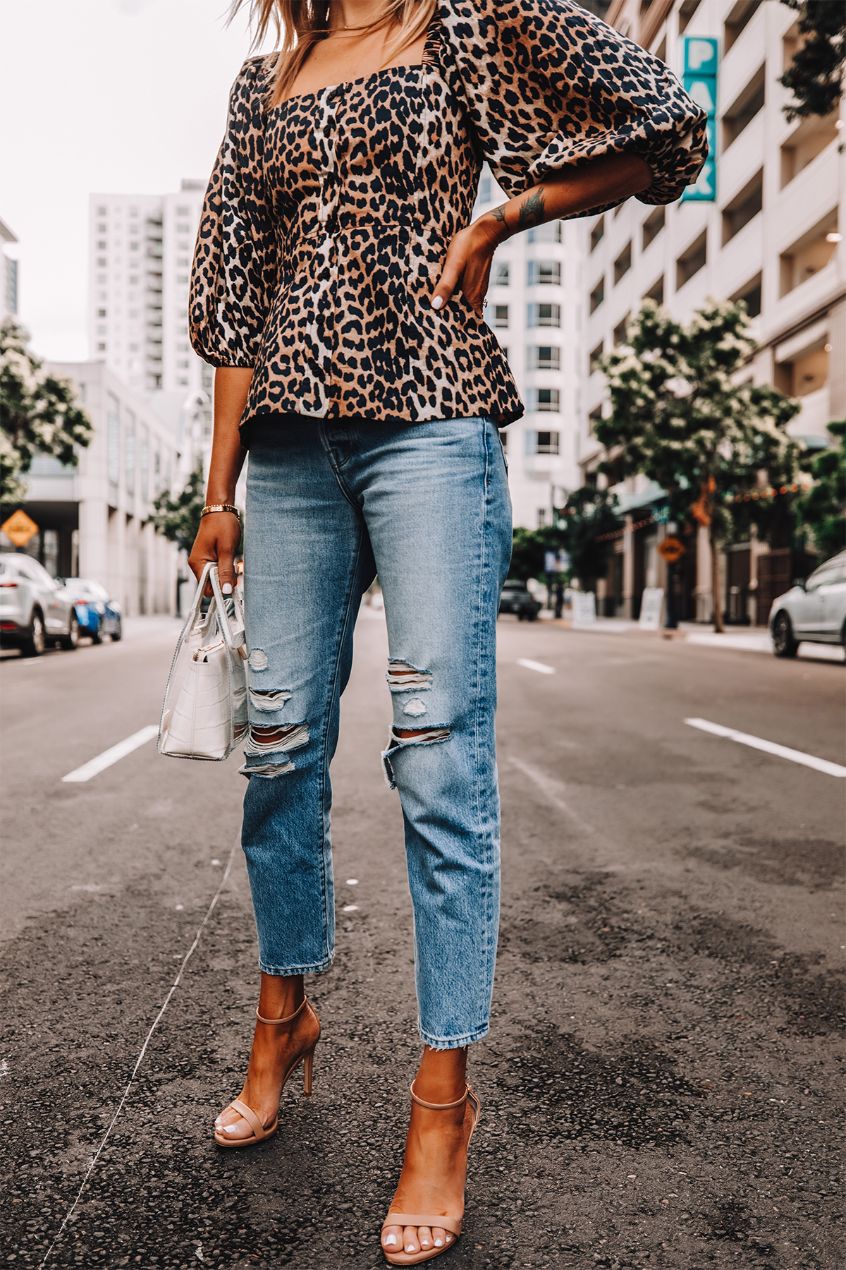 leopard print top with jeans