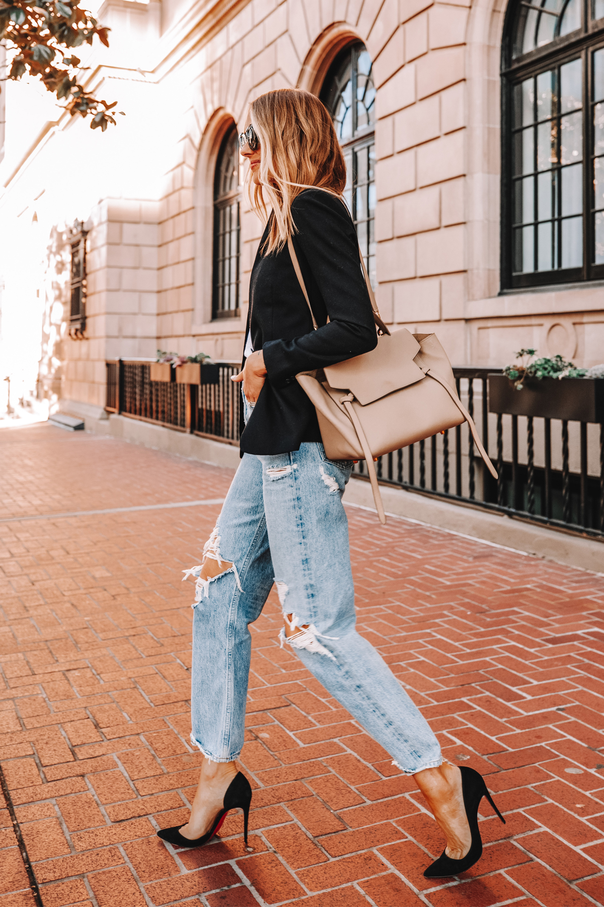 Fashion Jackson Wearing Jcrew Regent Black Blazer AGOLDE Ripped Jeans Black Pumps