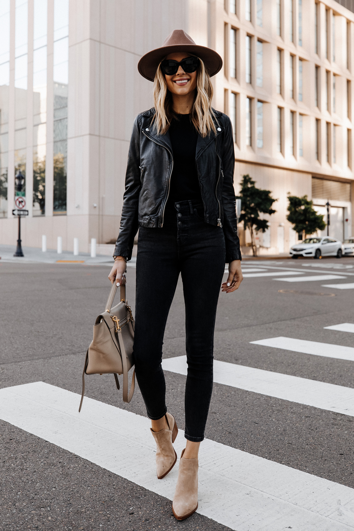 black jeans with tan booties