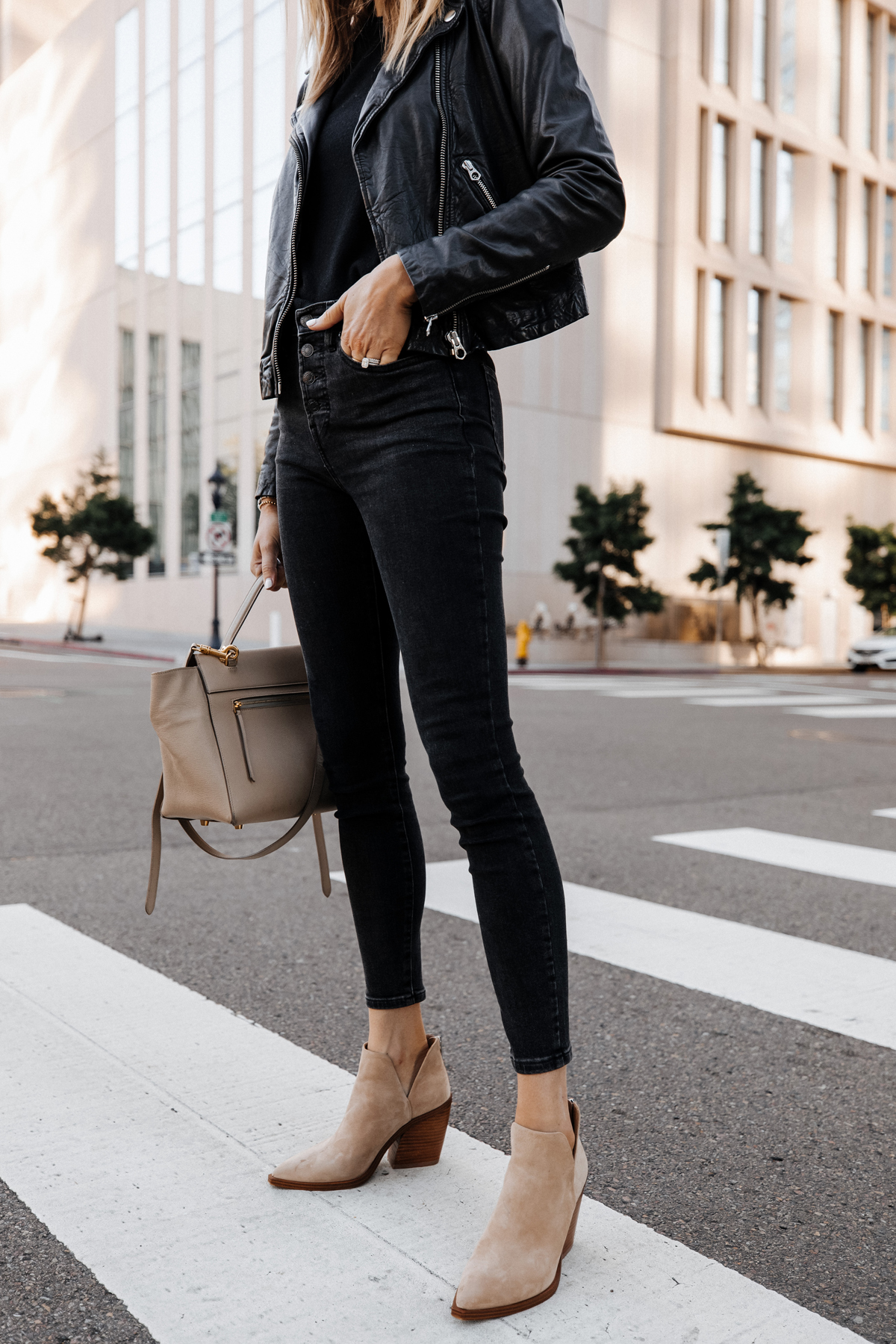 Fashion Jackson Wearing Madewell Black Leather Jacket Black Jeans Vince Camuto Gigetta Tan Suede Booties