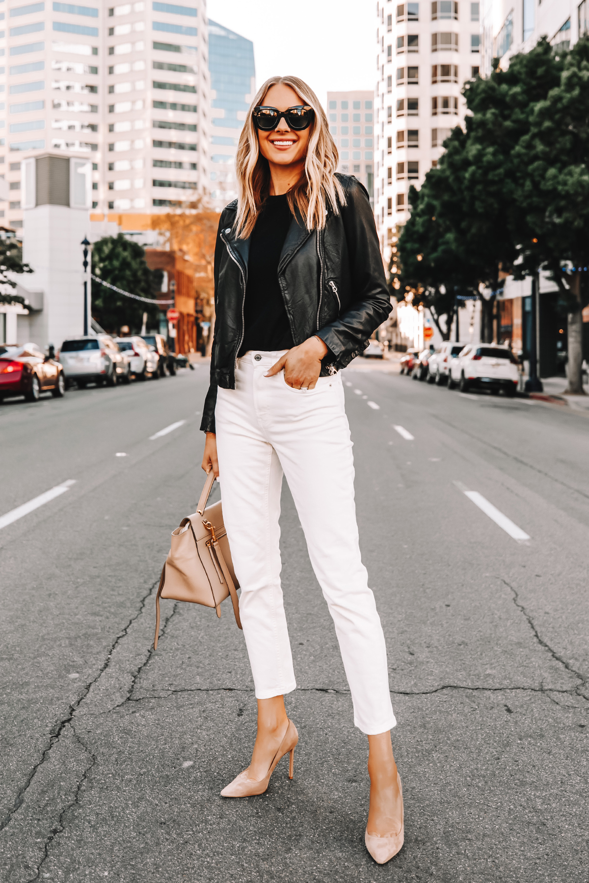 white moto jacket outfit