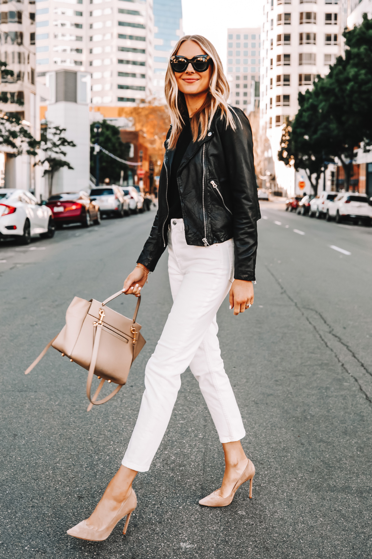 Fashion Jackson Wearing Madewell Black Leather Jacket Everlane White Jeans Nude Pumps Celine Belt Bag