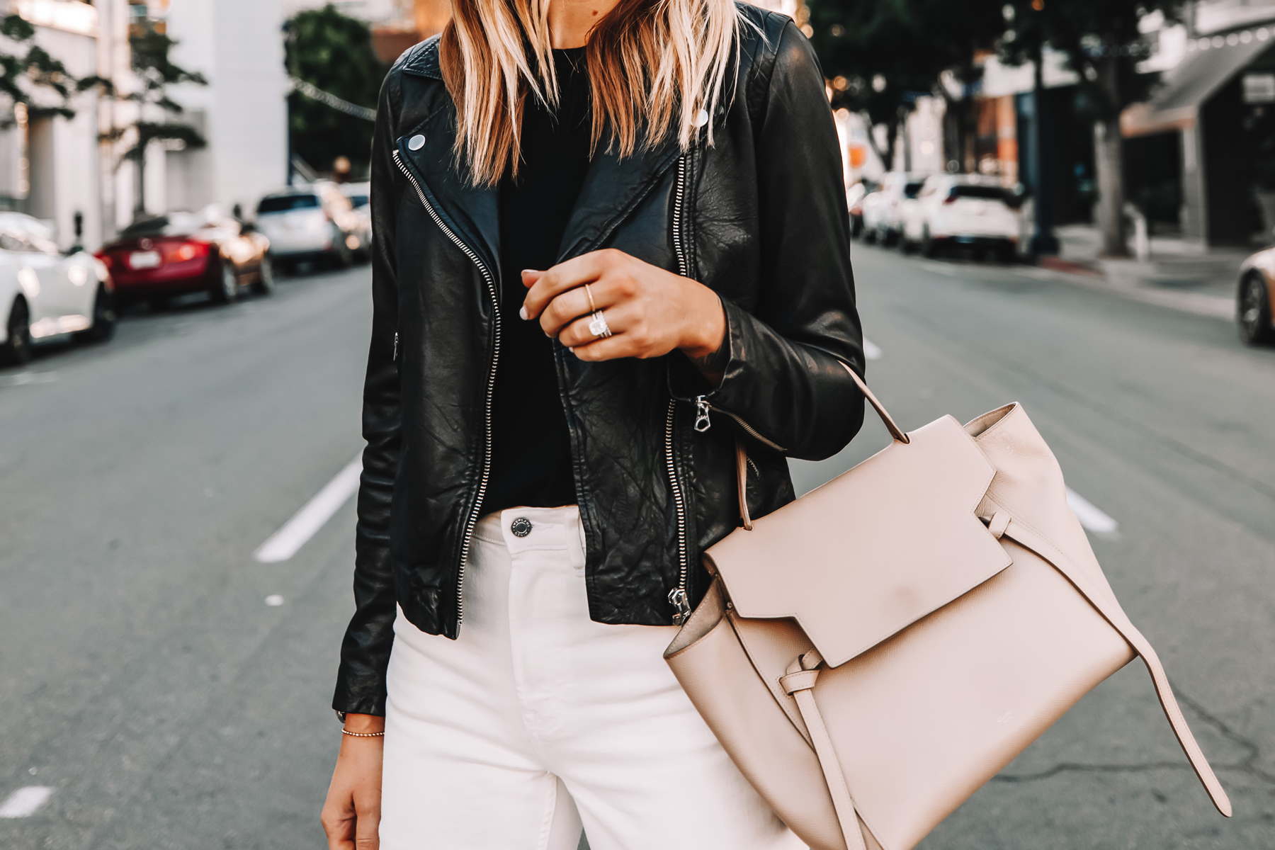 Fashion Jackson Wearing Madewell Black Leather Jacket White Jeans Celine Belt Bag