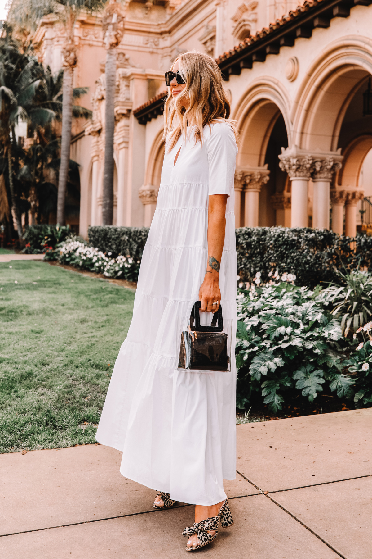 Fashion Jackson Wearing Summer White Maxi Dress Loeffler Randall Leopard Penny Knot mules outfit