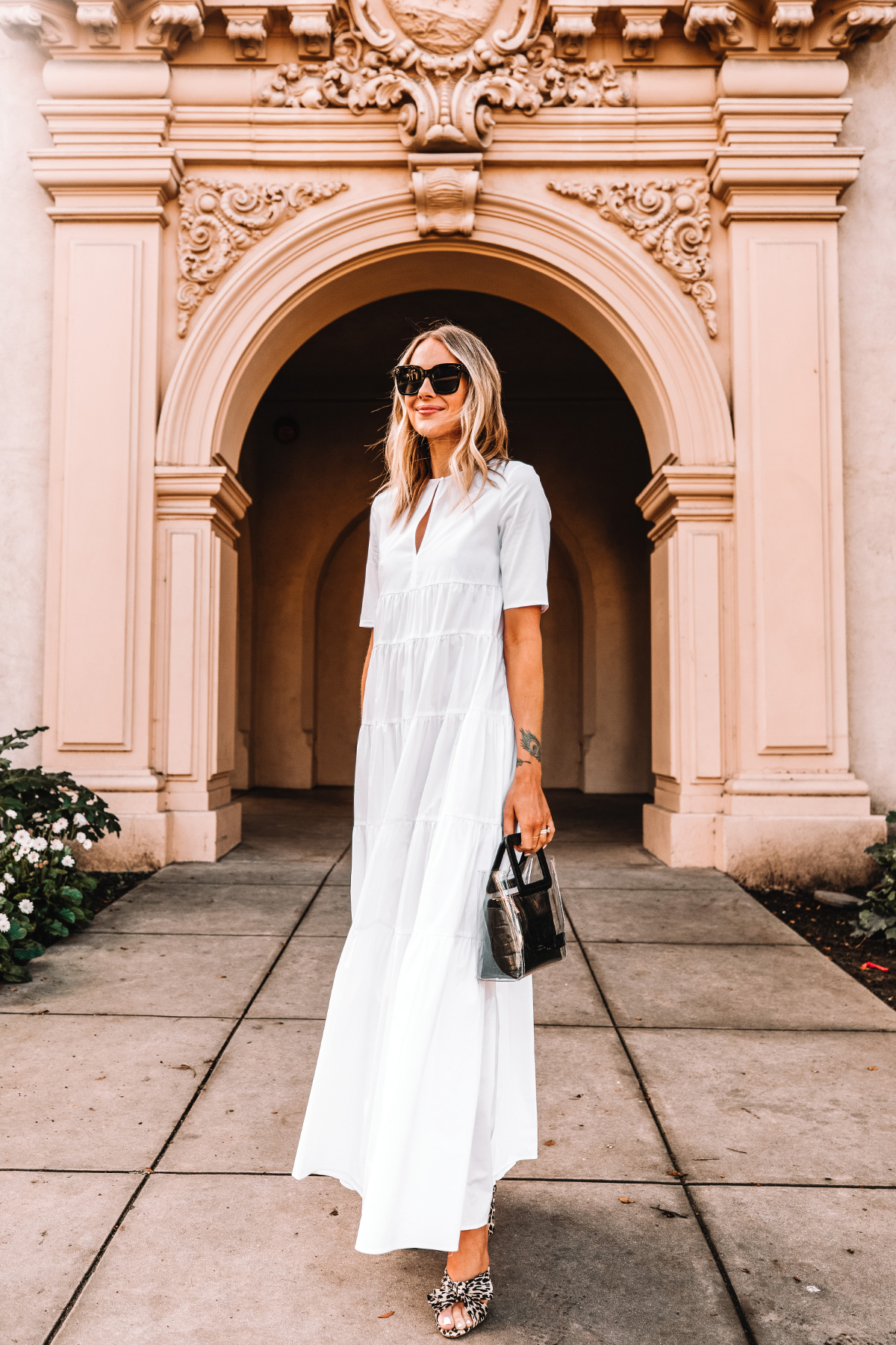 Fashion Jackson Wearing Summer White Maxi Dress Stuad Mini Shirely Bag Black Loeffler Randall Leopard Penny Knot mules outfit 1