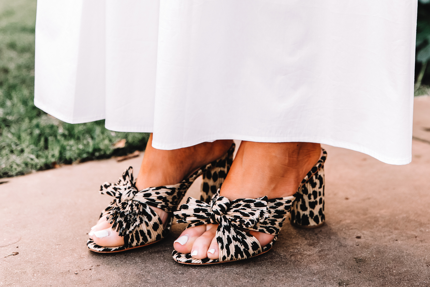 Fashion Jackson Wearing White Maxi Dress Loeffler Randall Leopard Penny Knot mules outfit 3