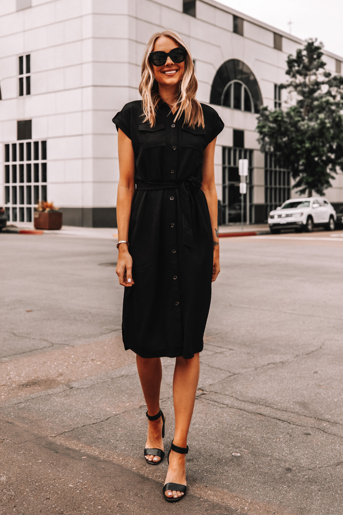 Fashion Jackson Wearing Ann Taylor Black Belted Shirt Dress Black Sandals Workwear Outfit 2