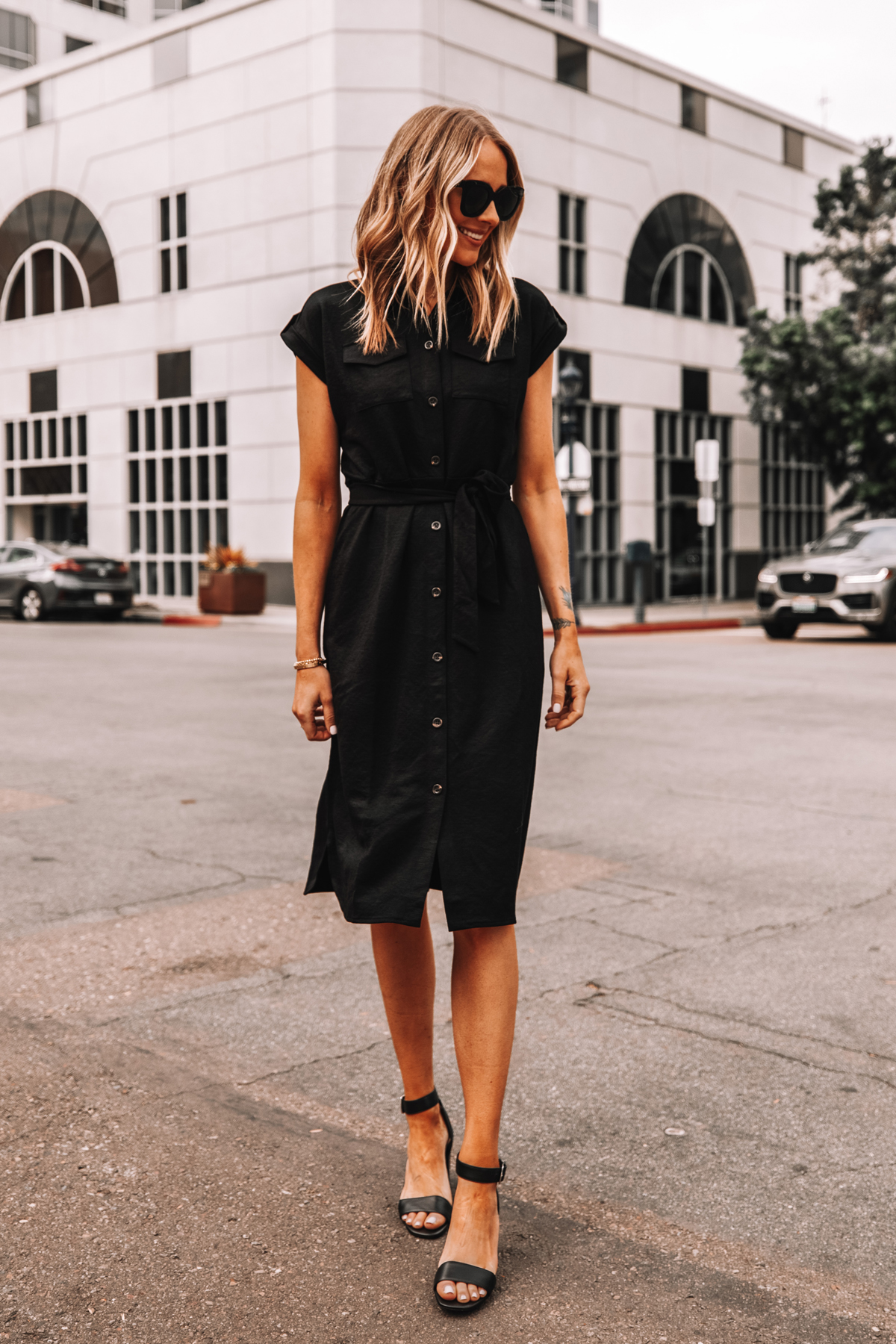 Fashion Jackson Wearing Ann Taylor Black Belted Shirt Dress Black Sandals Workwear Outfit 3