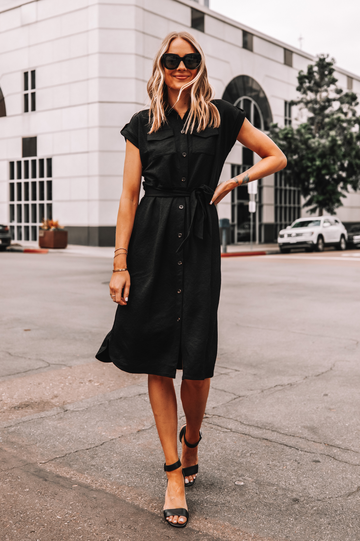 Fashion Jackson Wearing Ann Taylor Black Belted Shirt Dress Black Sandals Workwear Outfit