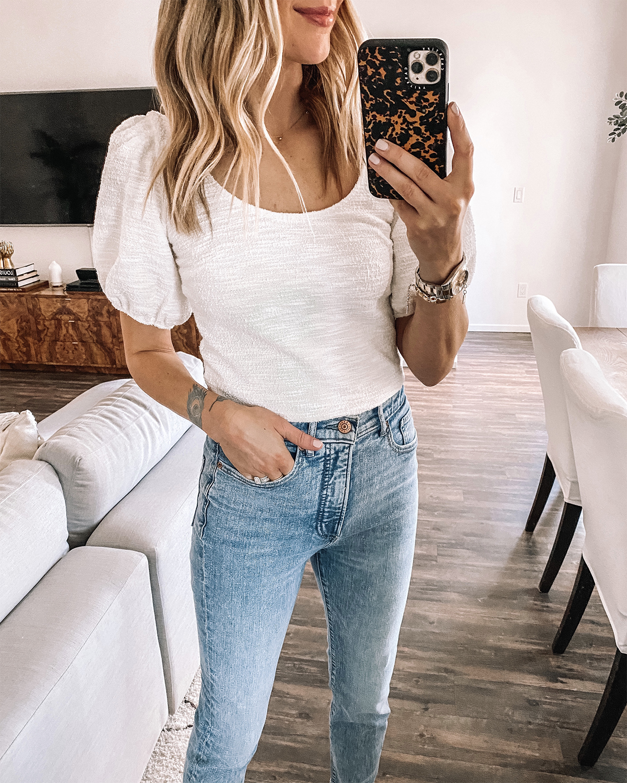 Fashion Jackson Wearing Express White Texture Scoop Neck Top High Rise Jeans