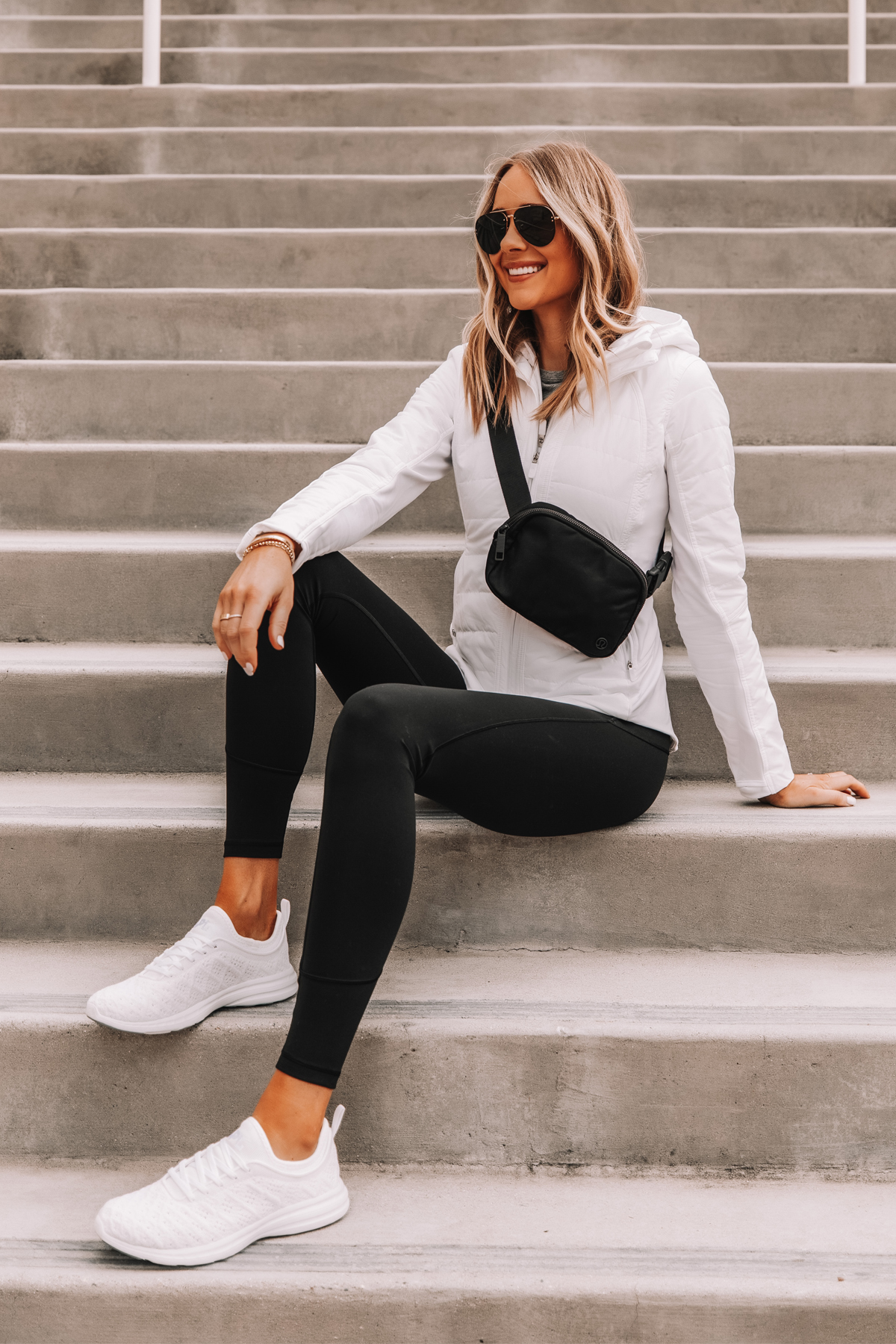 Fashion Jackson Wearing lululemon White Jacket Black Leggings Workout Outfit