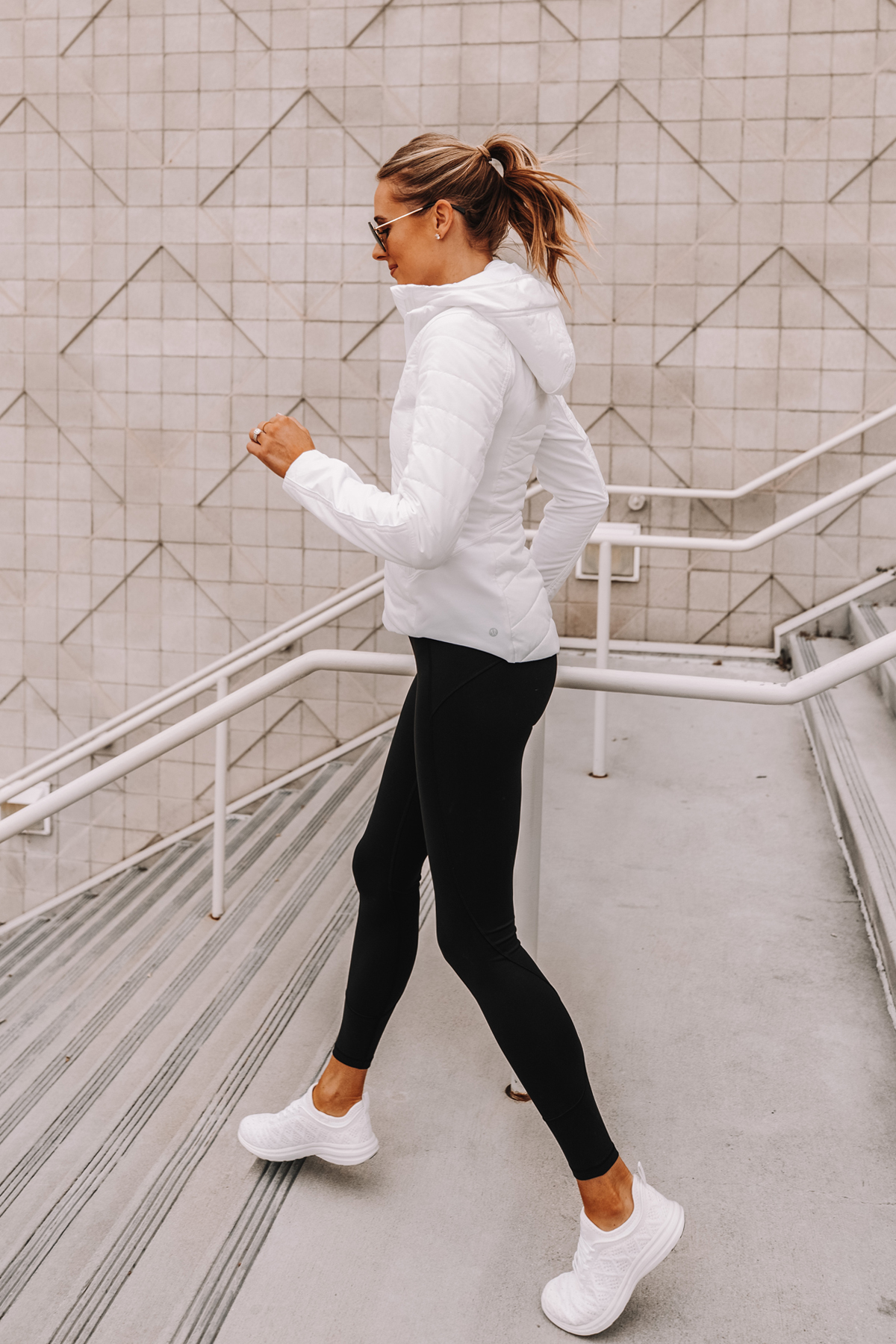 Fashion Jackson Wearing lululemon White Jacket Black Leggings Workout Outfit